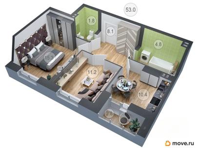 2-комн. квартира, 52.7 м&sup2;