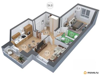 2-комн. квартира, 54.8 м&sup2;