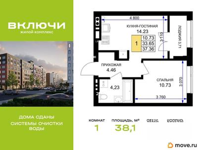 1-комн. квартира, 38.1 м&sup2;
