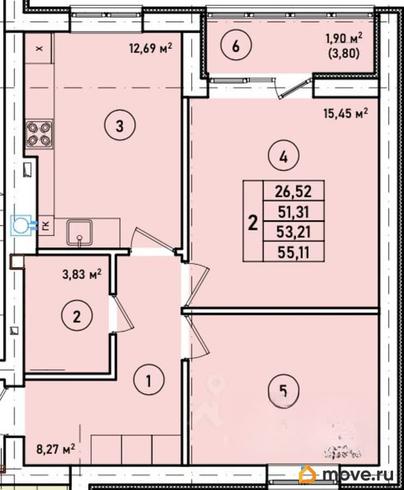 2-комн. квартира, 53.21 м&sup2;