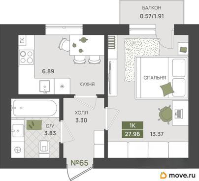 1-комн. квартира, 28.3 м&sup2;