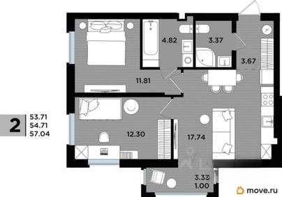 2-комн. квартира, 54.66 м&sup2;