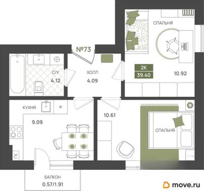 2-комн. квартира, 39.8 м&sup2;