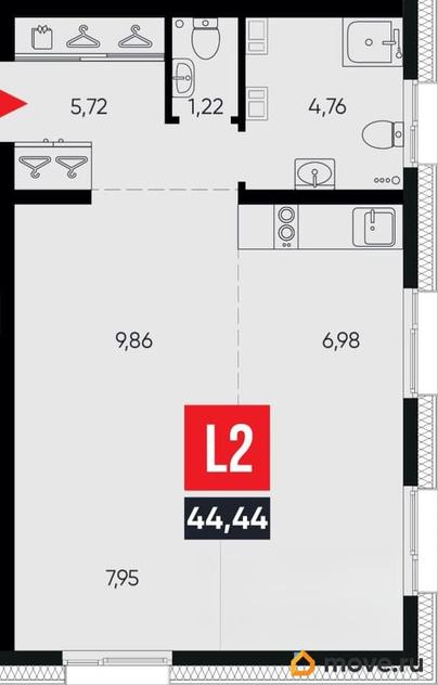 3-комн. апартаменты, 44.44 м&sup2;