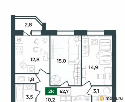 2-комн. квартира, 62.7 м&sup2;