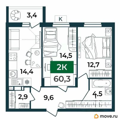 2-комн. квартира, 60.3 м&sup2;