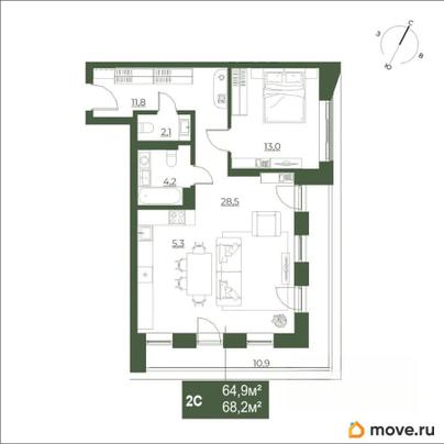 2-комн. квартира, 68.2 м&sup2;