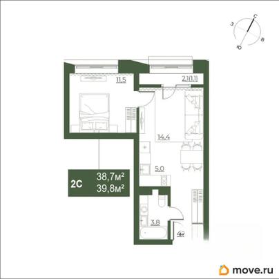 2-комн. квартира, 39.8 м&sup2;
