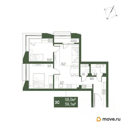 3-комн. квартира, 59.1 м&sup2;