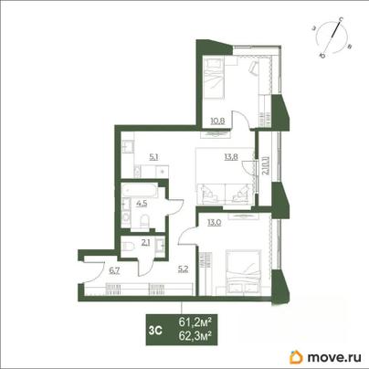 3-комн. квартира, 62.3 м&sup2;