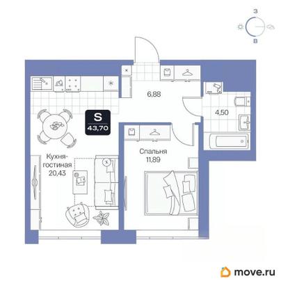1-комн. квартира, 43.7 м&sup2;