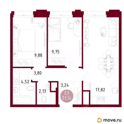 2-комн. квартира, 51.14 м&sup2;