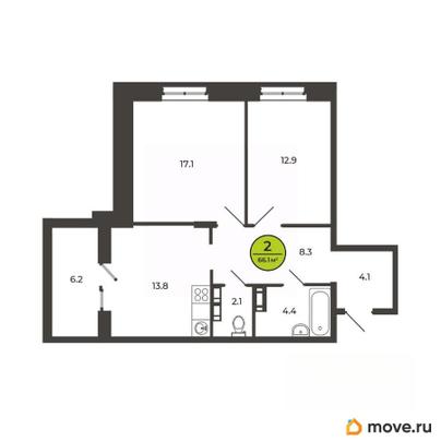 2-комн. квартира, 66.1 м&sup2;