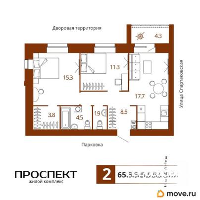 2-комн. квартира, 65.2 м&sup2;