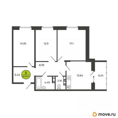 3-комн. квартира, 83.4 м&sup2;