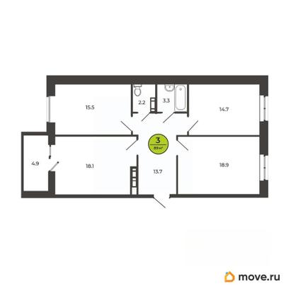 3-комн. квартира, 89.1 м&sup2;