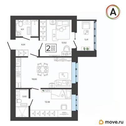 2-комн. квартира, 61.8 м&sup2;