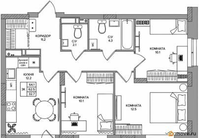 3-комн. квартира, 61.9 м&sup2;