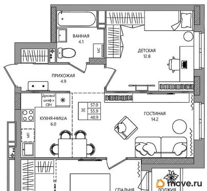 3-комн. квартира, 55.5 м&sup2;