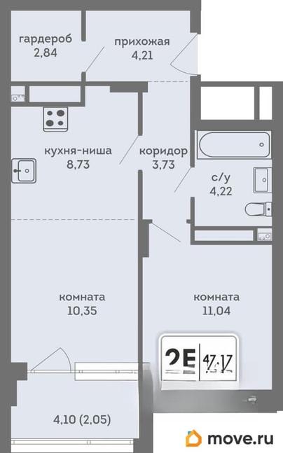 2-комн. квартира, 47.17 м&sup2;