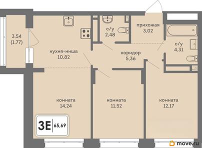 3-комн. квартира, 65.69 м&sup2;
