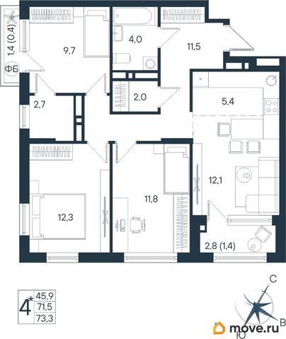 студия, 73.3 м&sup2;