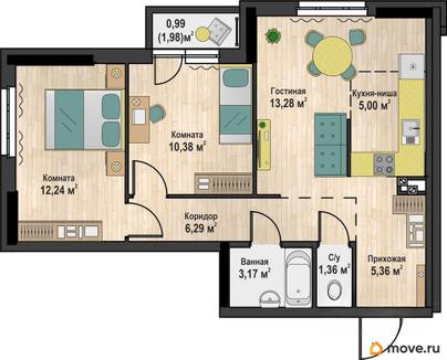 2-комн. квартира, 58.07 м&sup2;