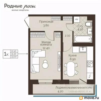 1-комн. квартира, 33.4 м&sup2;