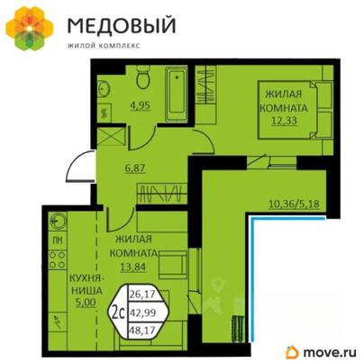 2-комн. квартира, 42.1 м&sup2;