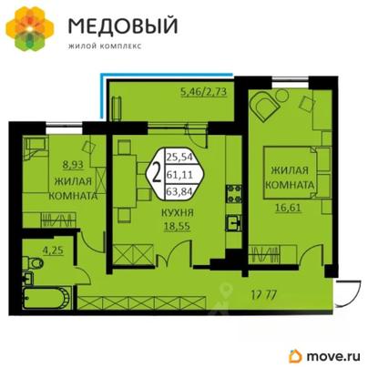 2-комн. квартира, 60.2 м&sup2;