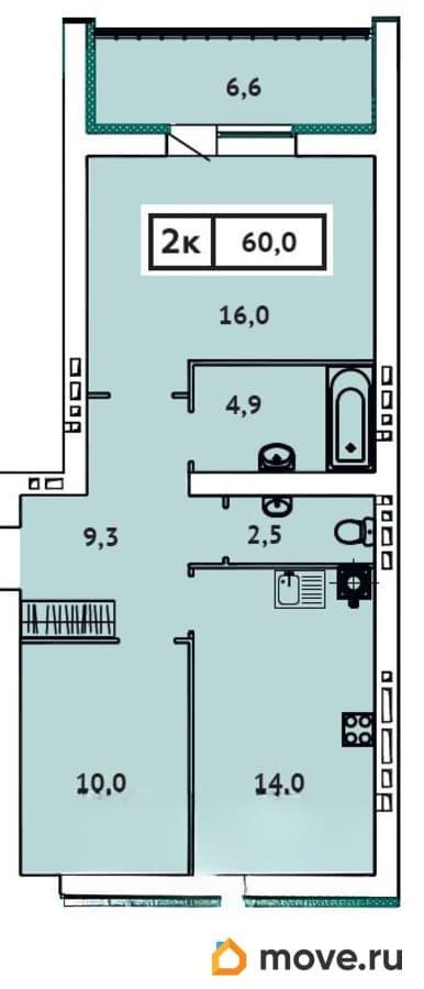 2-комн. квартира, 60 м&sup2;