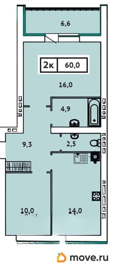 2-комн. квартира, 60 м&sup2;