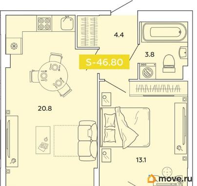 2-комн. квартира, 46.8 м&sup2;