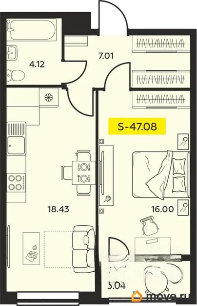 2-комн. квартира, 47.08 м&sup2;