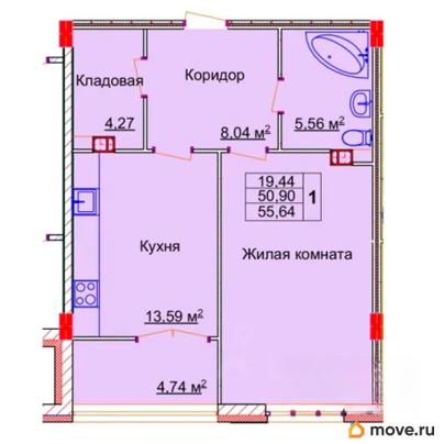 1-комн. квартира, 55.64 м&sup2;