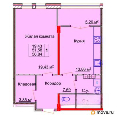 1-комн. квартира, 56.84 м&sup2;
