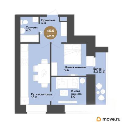2-комн. квартира, 45.5 м&sup2;