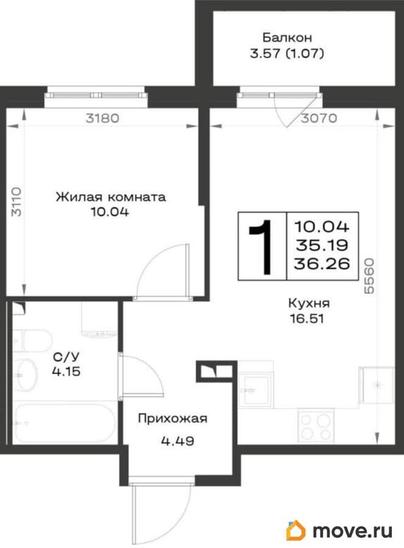 1-комн. квартира, 36.26 м&sup2;