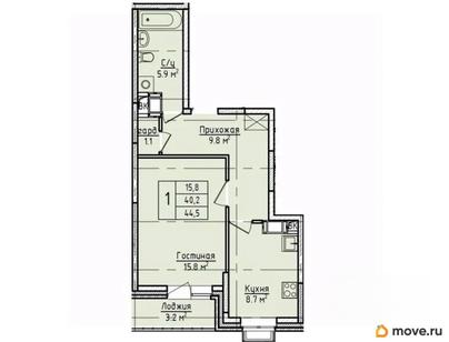 1-комн. квартира, 44.5 м&sup2;
