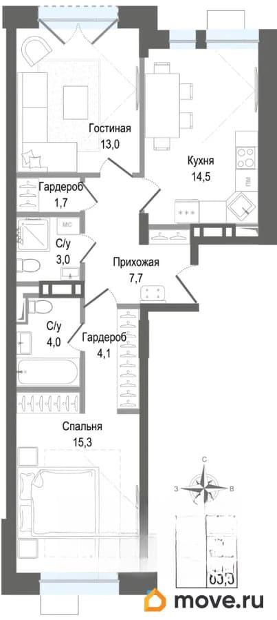2-комн. квартира, 63.3 м&sup2;