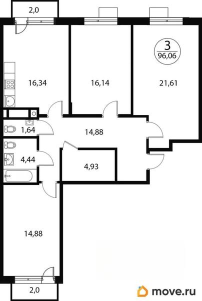 3-комн. квартира, 96.06 м&sup2;