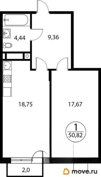 1-комн. квартира, 50.82 м&sup2;