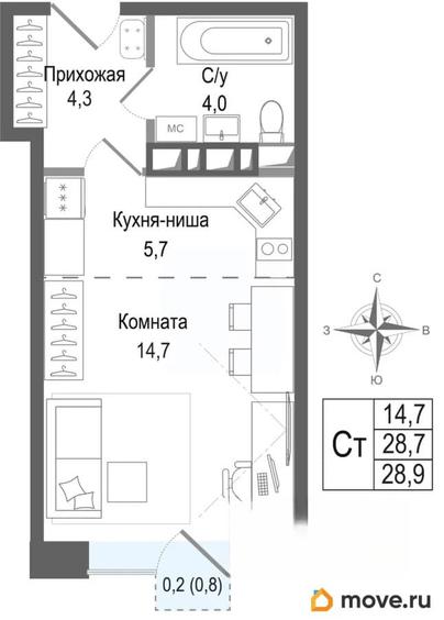 студия, 28.7 м&sup2;
