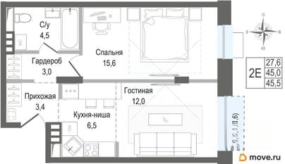 2-комн. квартира, 45 м&sup2;