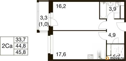 1-комн. квартира, 44.2 м&sup2;