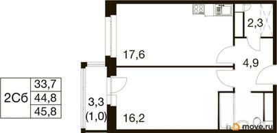1-комн. квартира, 44.1 м&sup2;