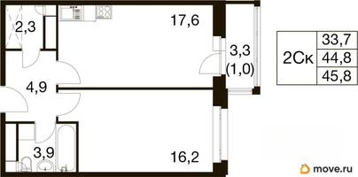 1-комн. квартира, 44.4 м&sup2;