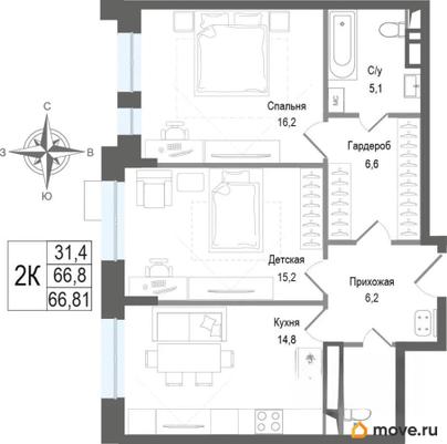 2-комн. квартира, 66.8 м&sup2;