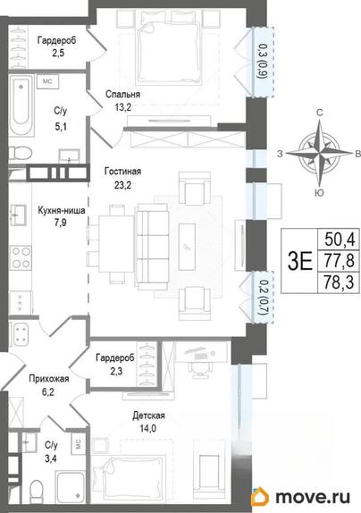 3-комн. квартира, 77.8 м&sup2;