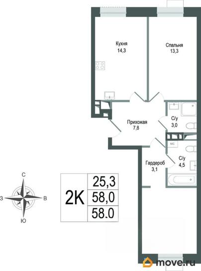 2-комн. квартира, 58 м&sup2;